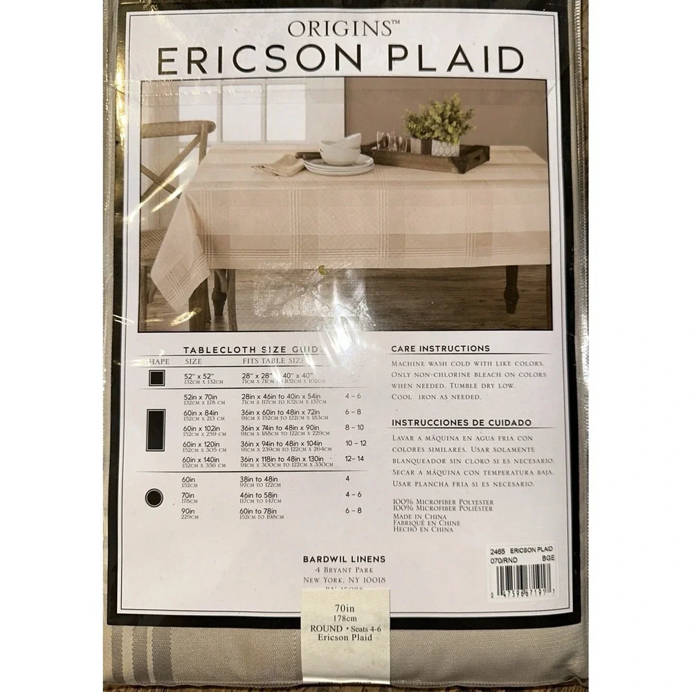 Origins Tablecloth 70in Beige Ericson Plaid Round Spill-Proof Microfiber